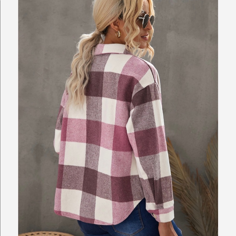 Pink/Off White Plaid Shirt Jacket, Shacket! * - Picture 2 of 10